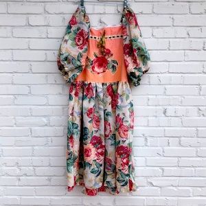 Handmade cotton shabby chic garden floral dress puff sleeve tea length midi boho